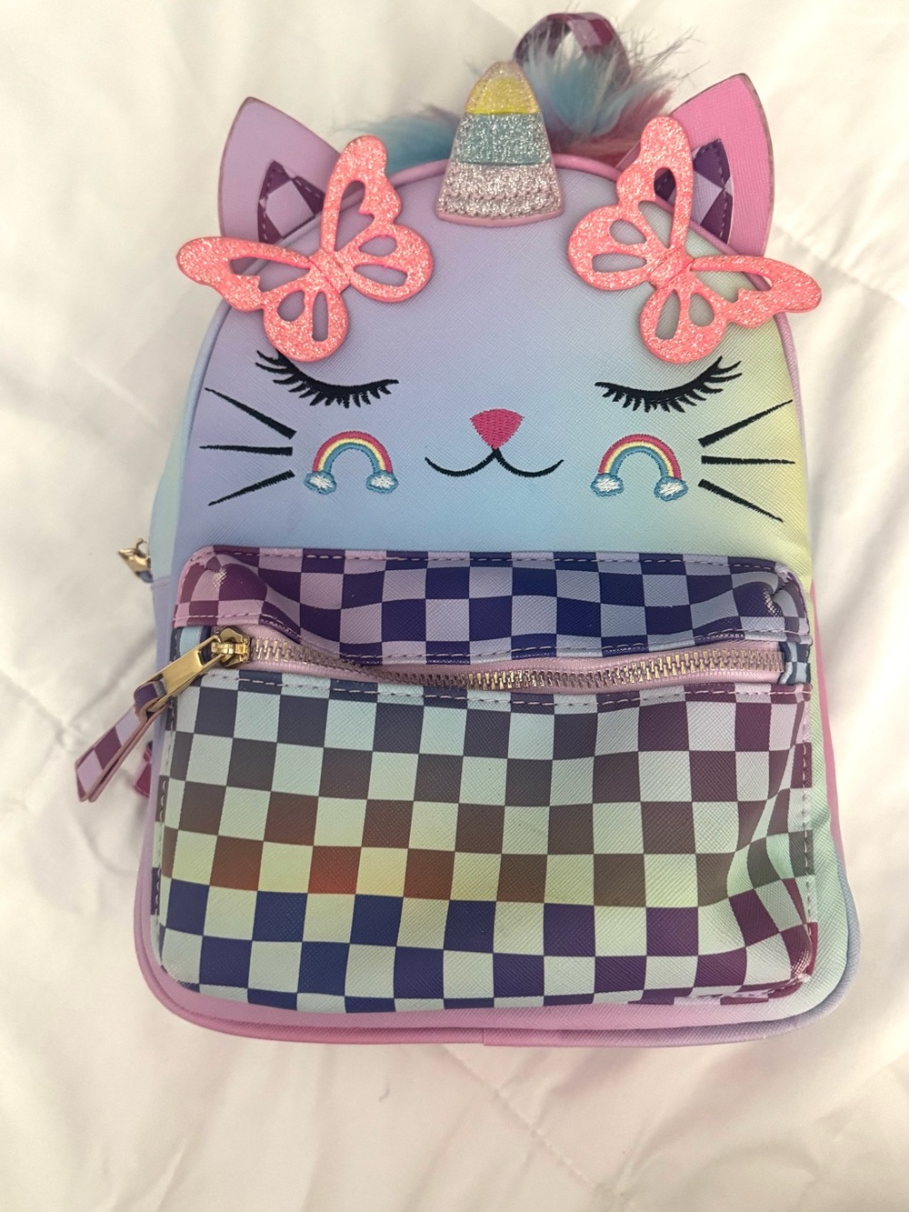 Under One Sky Pastel Unicorn Cat Backpack with Pink Butterfly Accents